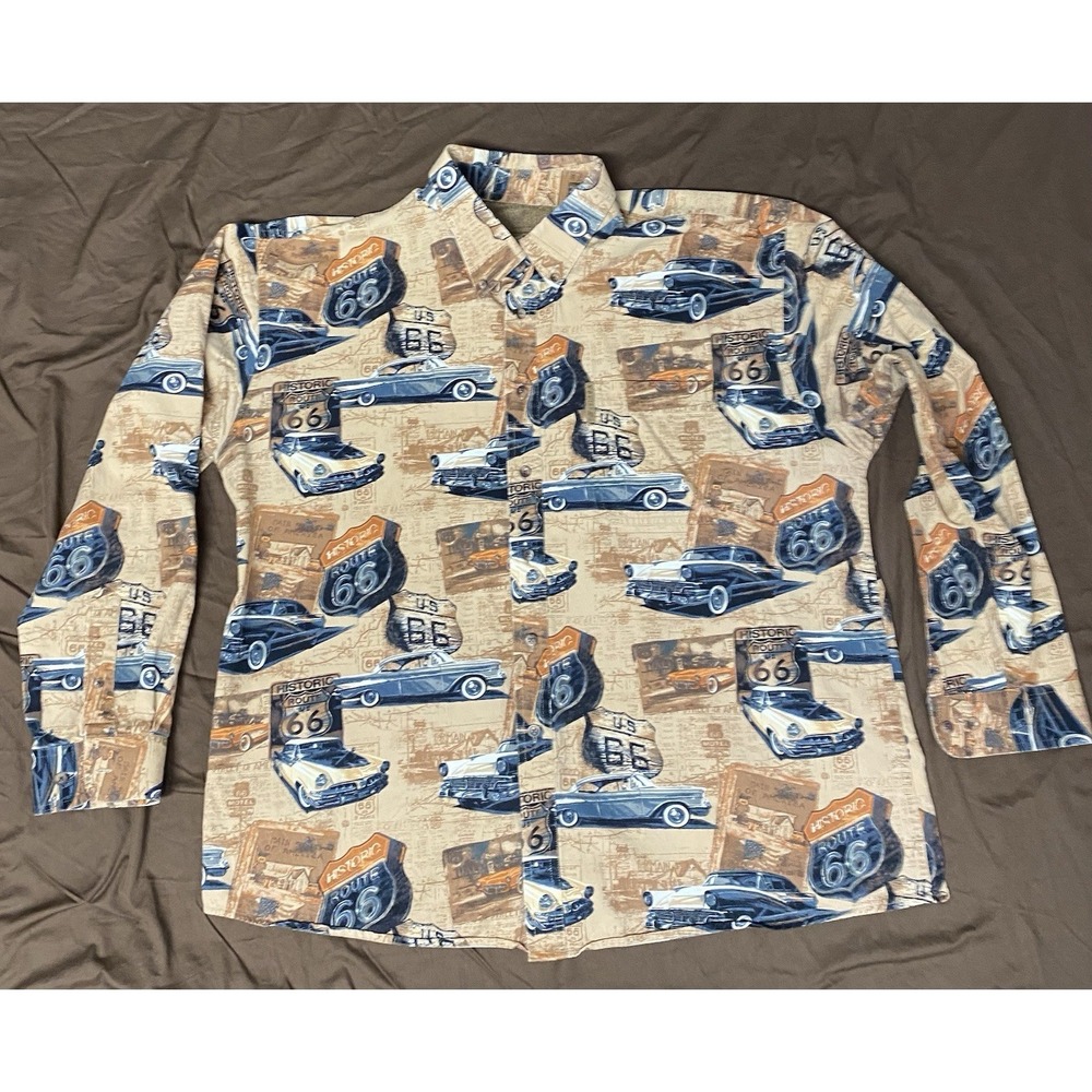 North River Outfitters XL Route 66 Classic Car Btn Up Shirt Retro All Over Print